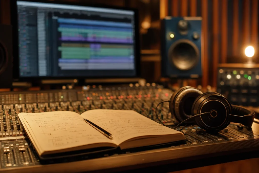 Session de préproduction avec console, carnet et pistes audio dans une lumière chaude.