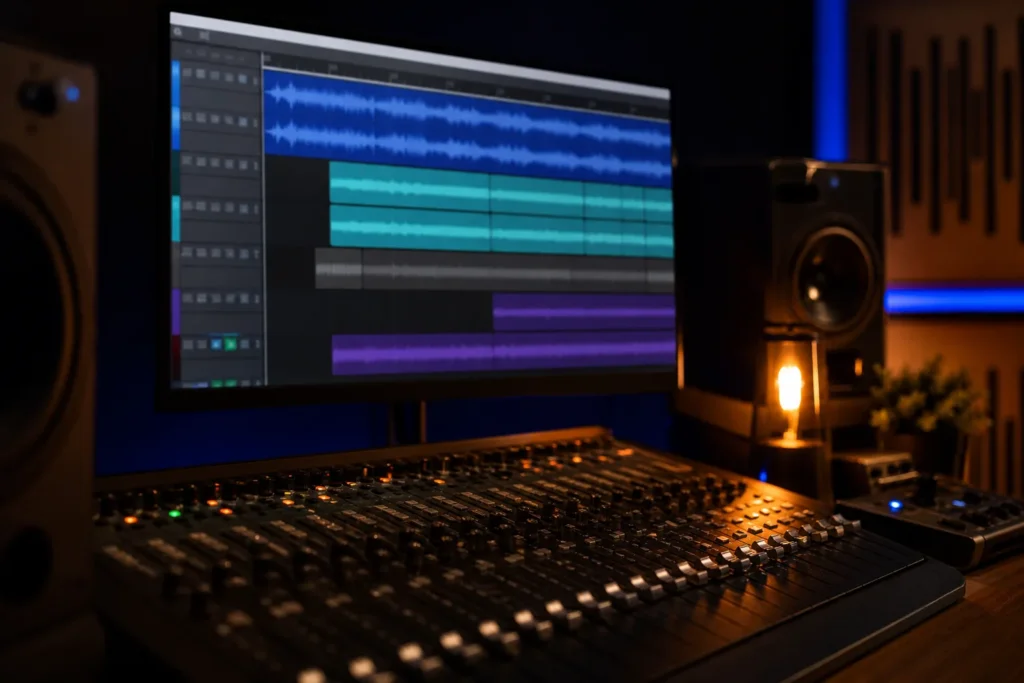 Écran de session audio avec une piste mise en retrait dans un studio chaleureux.