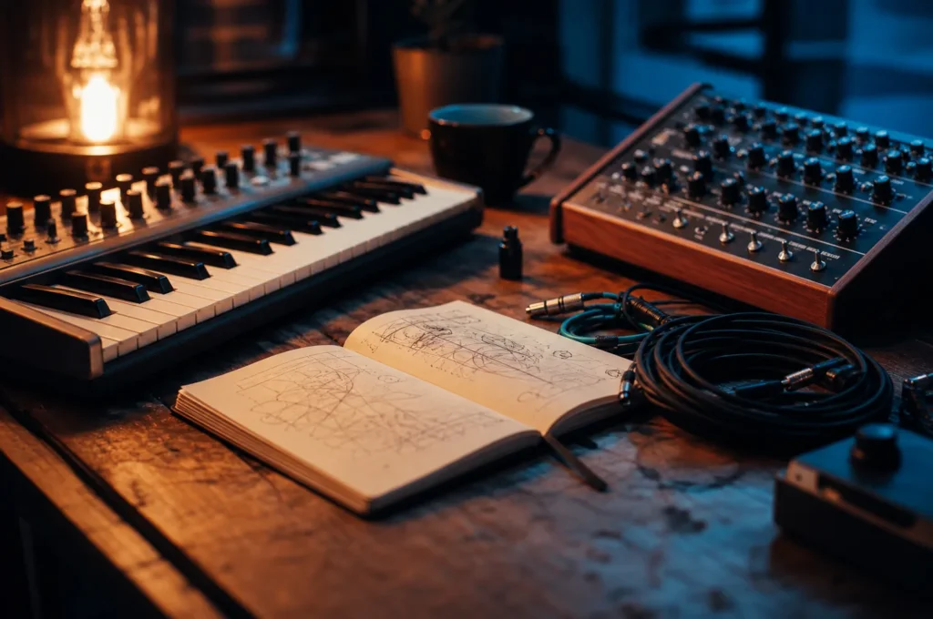 Clavier, câbles et carnet d’arrangement sur une table de studio.