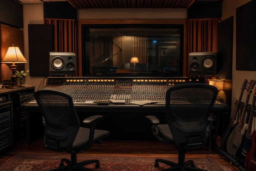 Fauteuils, moniteurs et console dans un studio sans personne visible.
