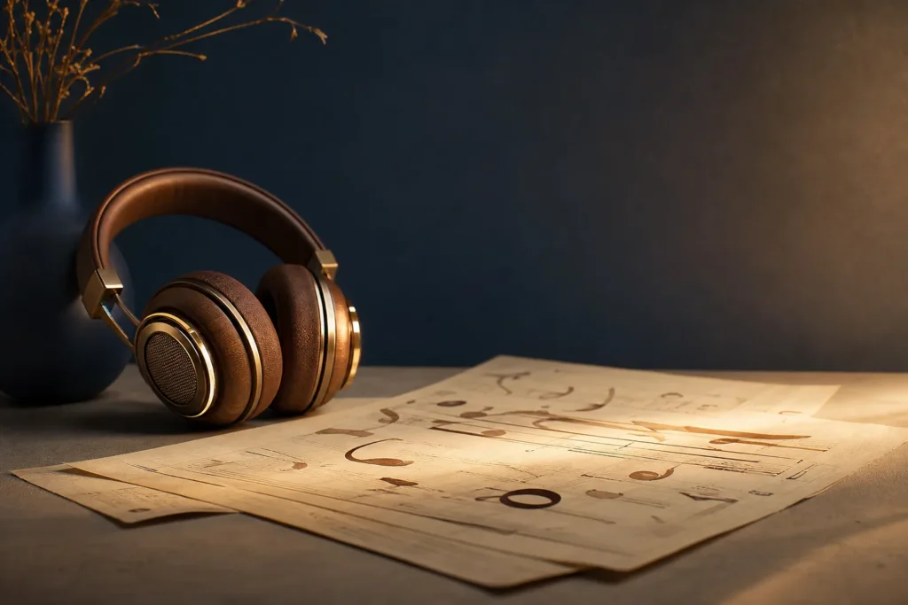 Casque, partition abstraite et lumière douce autour d’un espace de silence.
