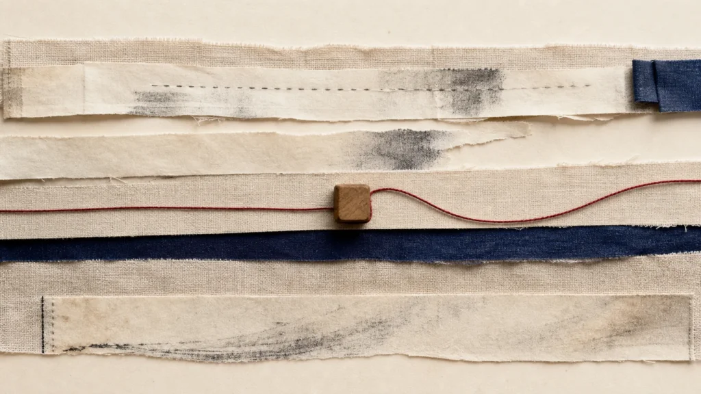 Bandes de tissu et de papier traversées par un fil rouge autour d’un petit bloc de bois.