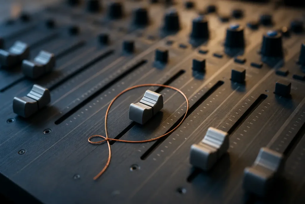 Surface de mixage abstraite avec un fader isolé par un fil cuivré discret.
