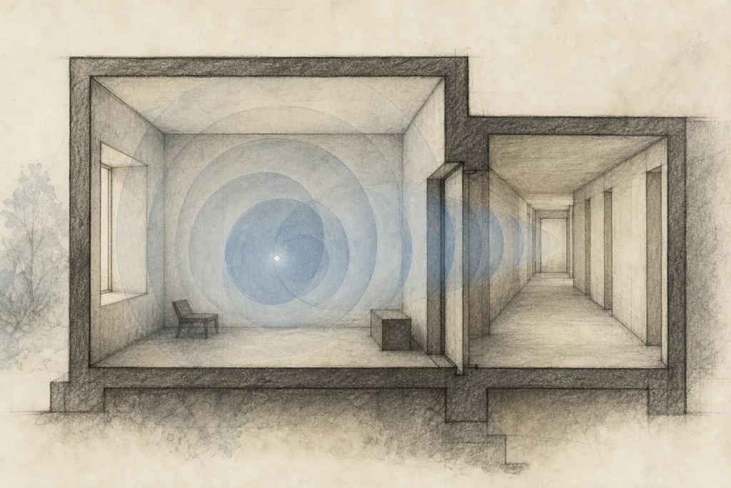 Coupe dessinée d’une pièce avec un point vocal entouré de halos spatiaux.