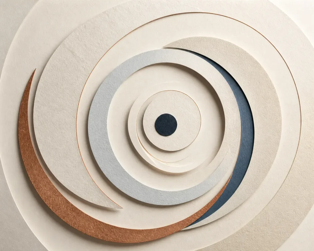 Arcs de papier concentriques autour d’un point sombre sur une surface ivoire.