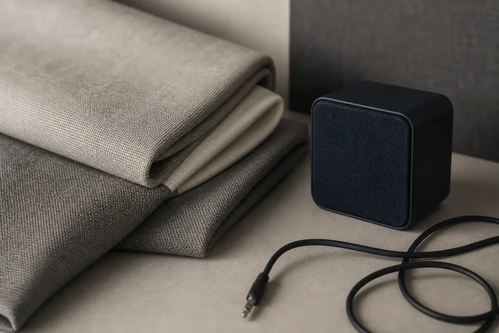 Tissu plié, câble audio et petit haut-parleur dans une composition sobre.